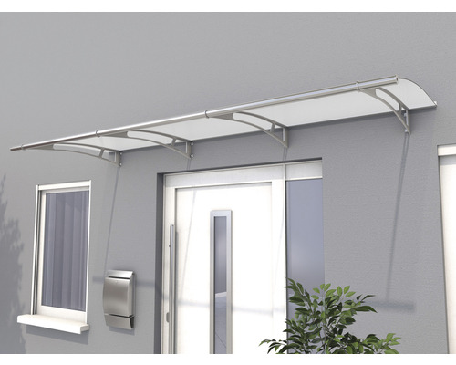 Gutta Pultvordach PT/L 270x95cm edelstahloptik Acrylglasplatte satiniert Vordach aus Metall und Kunststoff über einer Haustür