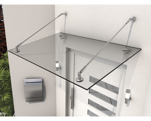 Gutta Vordach Echtglas PH 140x90 cm Glasvordach mit Edelstahlhalterung über einer Haustür montiert