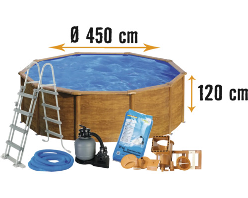 Aufstellpool Stahlwandpool-Set Planet Pool rund Ø 450x120 cm inkl. Sandfilteranlage, Einbauskimmer, Leiter, Filtersand & Anschlussschlauch Holzoptik-0