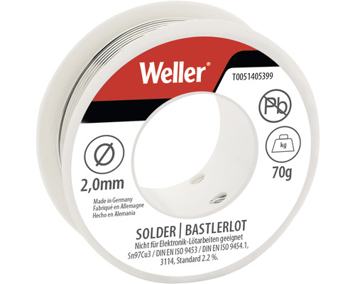 Weller T0051405399 Bastlerlot, 70g, Ø 2mm, Bleifreies Sn100Ni+, EN ISO 9453, 9454 Weller Lötzinnrolle 2,0 mm Durchmesser, 70 g Gewicht, enthält Blei