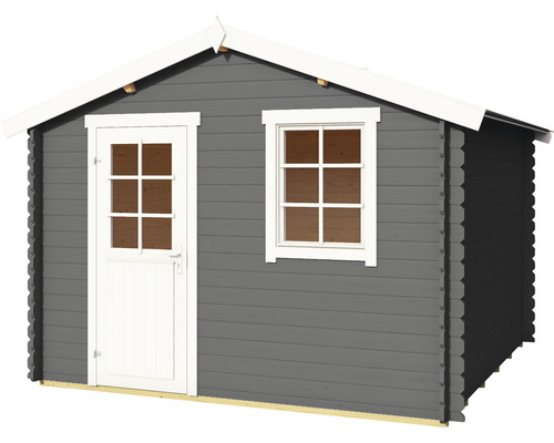 Graues Gartenhaus mit Tür und Fenster