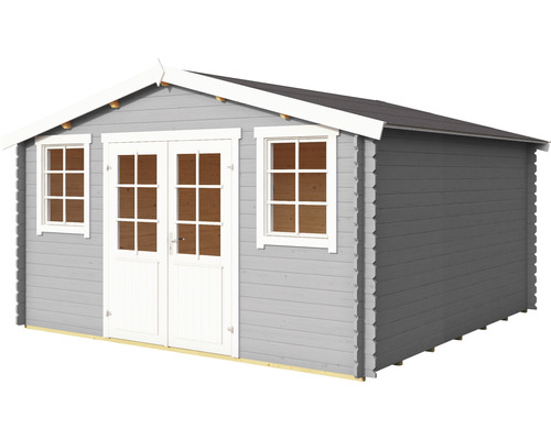 Graues Gartenhaus mit Fenstern und Doppeltür