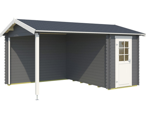 Graues Gartenhaus mit Veranda und Satteldach