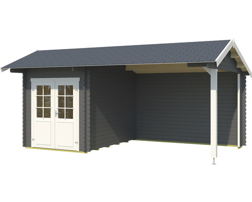 Blockbohlenhaus mit Doppeltür und Vordach