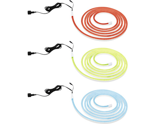 Drei LED-Streifen in verschiedenen Farben mit schwarzem Kabel