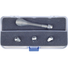 Metallene Abflussspirale mit drei Aufsätzen im Kunststoffkasten