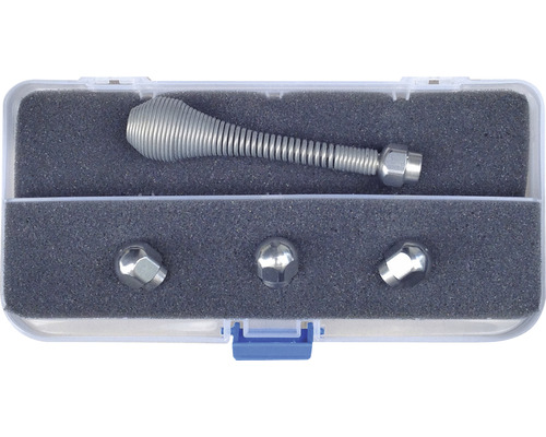 Metallene Abflussspirale mit drei Aufsätzen im Kunststoffkasten