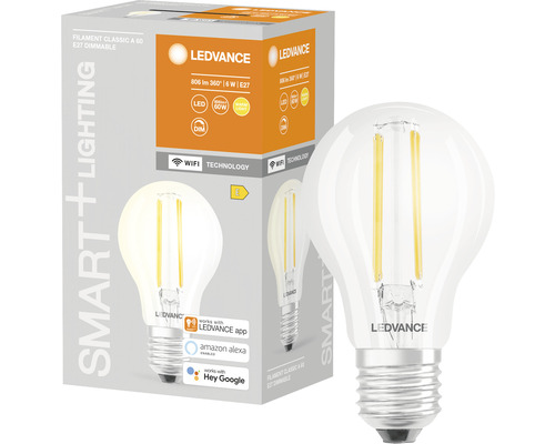 Ledvance Smart WIFI LED-Lampe dimmbar A60 E27/5,5W (60W) klar 806 lm 2700 K warmweiß Ledvance LED Lampe mit E27 Fassung und Filament Technologie