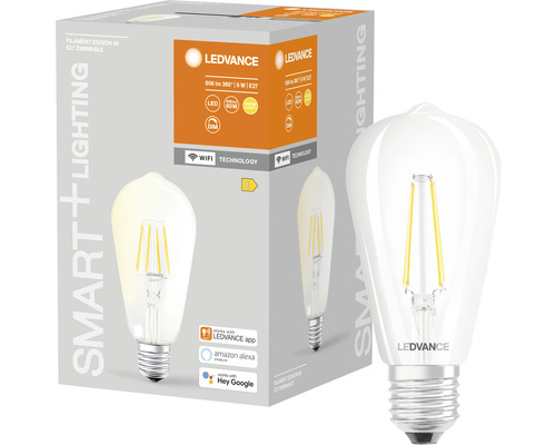 Ledvance Smart WIFI LED-Lampe ST64 dimmbar E27/5,5W (60W) klar 806 lm 2700 K warmweiß LEDVANCE Filament Edison 60 E27 Dimmbar LED Leuchtmittel und Verpackung