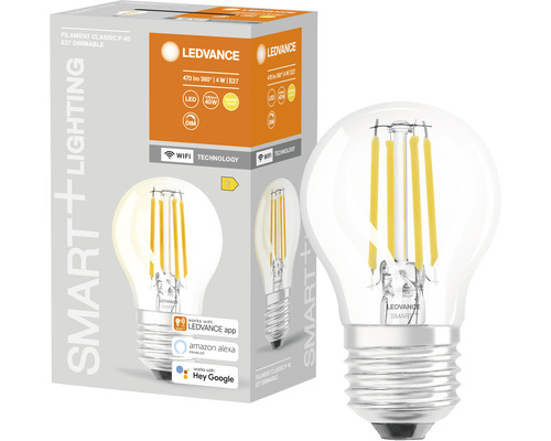 Ledvanve Smart WIFI Filament LED Tropfenlampe dimmbar P40 E27/4W(40W) klar 470 lm 2700 K warmweiß