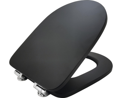 Schwarzer WC Sitz mit eckiger Form und verchromten Scharnieren