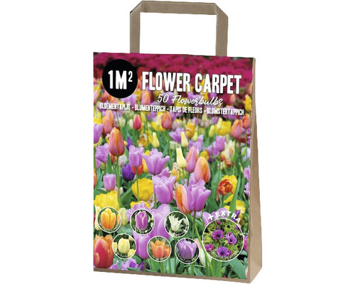 Blumenzwiebel Blumenteppich-Mix 'Vernazza' mit Tulpen 'Sunny Prince', 'Pink Prince', 'Candy Prince', 'Jimmy', 'Blushing Apeldoorn' & 'Lilyflowering White', Anemone 'Sylphide' 40 Stk. für 1 m² Blumenzwiebelmischung für einen Quadratmeter Blumenbeet in einer Papiertragetasche.