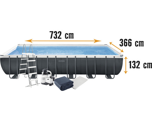 Aufstellpool Framepool-Set Intex Ultra Quadra XTR eckig 732 x366 x 132 cm inkl. Sandfilteranlage, Leiter, Abdeckplane, Bodenschutzvlies & Anschlussschlauch grau