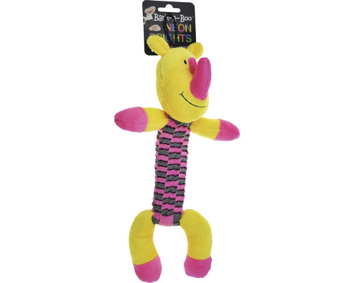 Gelbes Stofftier in Form eines Nashorns mit gestreiftem Hals als Hundespielzeug