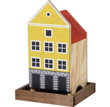 Vogelhaus im Stil eines mehrstöckigen Holzhauses mit Futterstelle