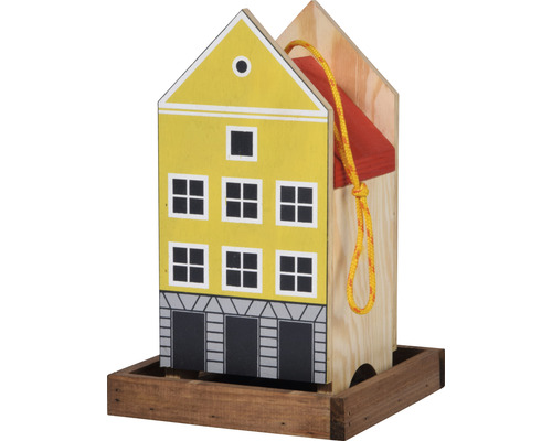Vogelhaus aus Holz im Design eines Hauses mit gelber Fassade und rotem Dach