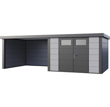 Gartenhaus Classico 3330 inkl. Lounge 3330 links mit Seitendach, Rück- und Seitenwand 691 x 318 cm lichtgrau