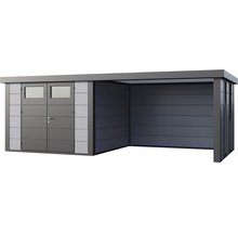 Gartenhaus Classico 3030 inkl. Lounge 3330 rechts mit Seitendach, Rück- und Seitenwand inkl. Fenster 662 x 318 cm lichtgrau