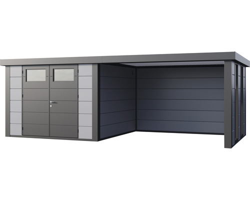 Modernes Gerätehaus mit integriertem Unterstand für den Garten