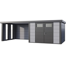Gartenhaus Classico 3030 inkl. Lounge 3330 links mit Seitendach, Rück- und Seitenwand inkl. Fenster 662 x 318 cm lichtgrau