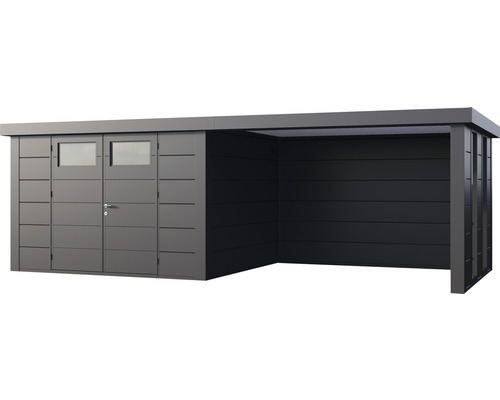 Modernes Gerätehaus mit Doppeltür und offenem Anbau