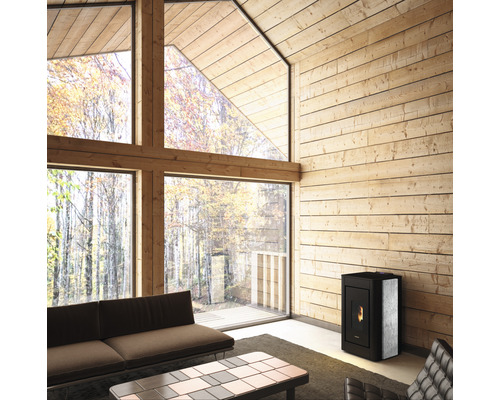 Wohnzimmer mit Holzverkleidung, großem Fenster und Pelletofen