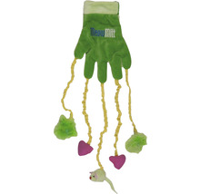 Katzenspielzeug Handschuh mit Anhängern in Form von Herzen, einer Maus und Blättern