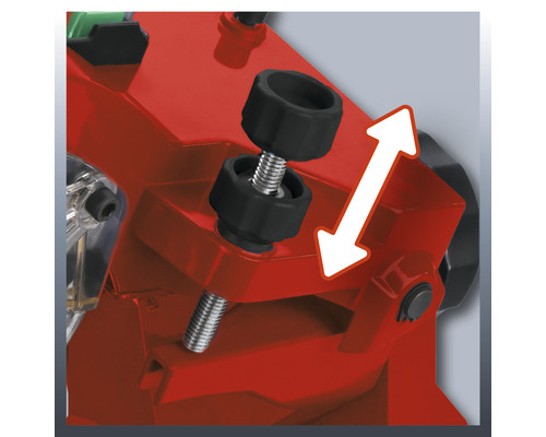 Detailansicht einer Säge mit Verstellschraube und Pfeil zur Illustration der Verstellbarkeit