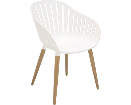 Weißer Stuhl mit Armlehne und Holzbeinen