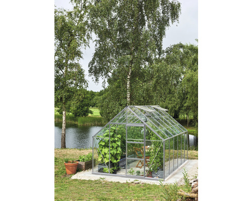 Gewächshaus mit Pflanzen im Garten am See