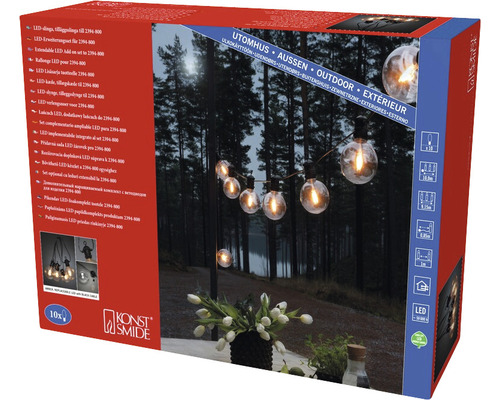 Konst Smide Logo. Verpackung einer LED-Lichterkette für den Außenbereich mit zehn Leuchten