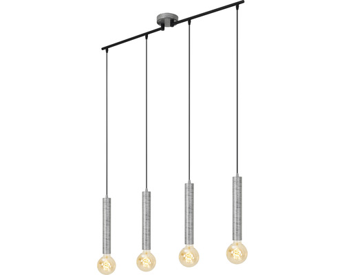 Hängelampe mit vier Leuchten und zylindrischen Schirmen.