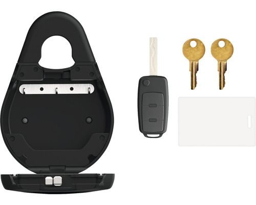 Schlüsselkasten mit Autoschlüssel, Hausschlüsseln und weißem Etikett