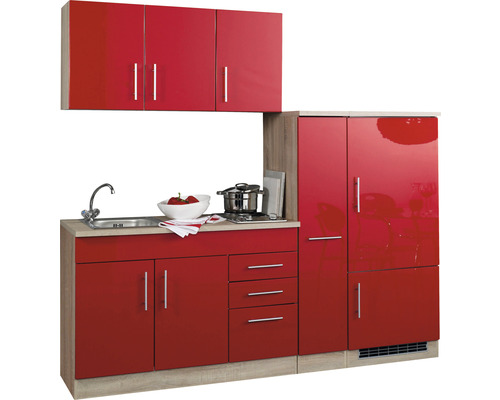 Held Möbel Küchenzeile mit Geräten Toronto 210 cm Frontfarbe rot Hochglanz  Korpusfarbe sonoma eiche bei HORNBACH kaufen
