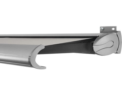 SOLUNA Kassettenmarkise Exclusiv 4,5x1,5 Stoff Dessin 320923 Gestell Silber E6EV1 eloxiert Antrieb rechts inkl. Motor und Wandschalter