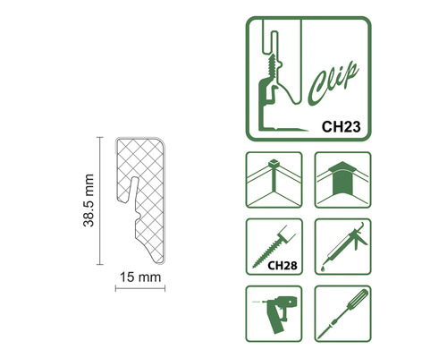 Darstellung der Maße 38,5 mm und 15 mm, des Clip-Systems CH23 und einiger Symbole zur Montage