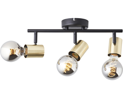Deckenleuchte mit drei Strahlern, goldfarbenen Fassungen und runden Lampen