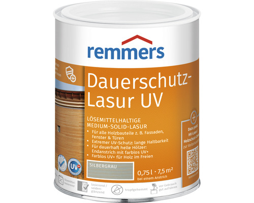 Remmers Dauerschutzlasur UV silbergrau 750 ml Remmers Dauerschutz-Lasur UV, lösemittelhaltige Medium-Solid-Lasur für Holzbauteile, Fenster und Türen, Silber grau, 0,75 Liter