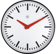 Wanduhr mit schwarzem Rahmen, weißem Zifferblatt und roten Zeigern