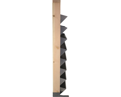 Holzpfosten mit Metallhalterung und Vogelschutz