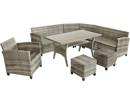 Gartenmöbelset mit Tisch, Eckbank, Sessel und Hockern