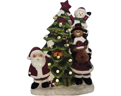 Dekorative Weihnachtsfigur mit Weihnachtsmann, Schneemann, Teddybär, Rentier und Weihnachtsbaum mit Beleuchtung.