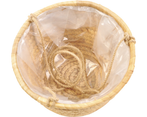 Hängeampel aus Pflanzenfaser mit Kunststoffeinsatz und Seilaufhängung