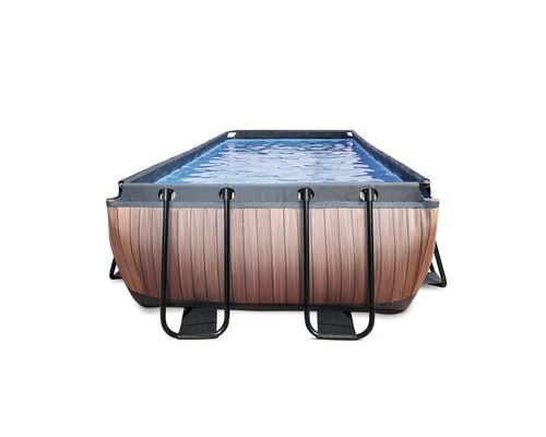 Rechteckiger Frame Pool mit Holzoptik, gefüllt mit Wasser.