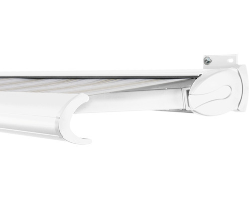 SOLUNA Kassettenmarkise Exclusiv 4x3 Stoff Dessin 6287 Gestell RAL 9016 verkehrsweiß Antrieb rechts inkl. Motor und Wandschalter