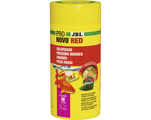 Flockenfutter JBL PRONOVO RED FLAKES Gr. M 1000 ml Goldfischfutter JBL Pro Novo Red Goldfischfutter in gelber Dose mit Abbildung von Goldfischen