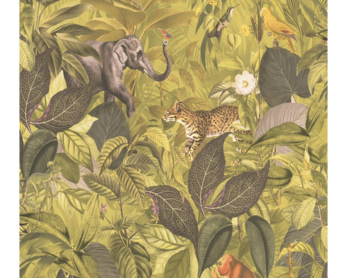 Vliestapete 38724-2 Pint Walls Dschungel Tiere gelb Tapete mit Dschungelmotiv, einschließlich Elefant, Leopard und verschiedenen Vögeln