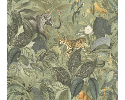 Vliestapete 38724-3 Pint Walls Dschungel Tiere grün Tapete mit Dschungelmotiven, inklusive Elefant, Leopard, Affe und verschiedenen Vogelarten.