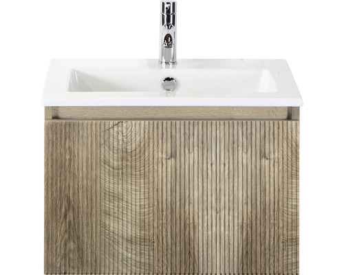 Badmöbel-Set Sanox Frozen 3D BxHxT 61 x 42 x 46 cm Frontfarbe grain oak mit Waschtisch Keramik weiß Badmöbel-Set Sanox Frozen 3D BxHxT 61 x 42 x 46 cm Frontfarbe grain oak mit Waschtisch Keramik weiß