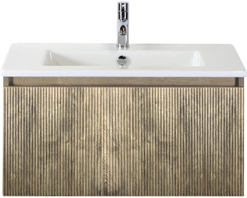 Badmöbelset 2-teilig Einzelbadmöbel Sanox Frozen 3D BxHxT 81 x 42 x 46 cm Frontfarbe französische eiche mit Waschtisch Keramik weiß 75740063 Waschtisch mit Waschbecken und Armatur